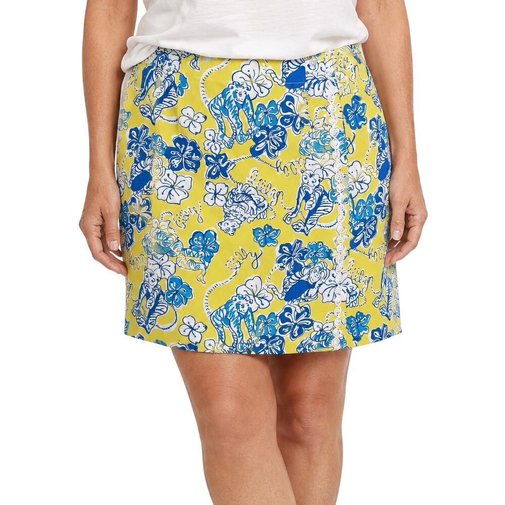 Vintage Lilly Pulitzer Faux Wrap Skirt 6 Yellow Tropical Floral Soutache Cotton